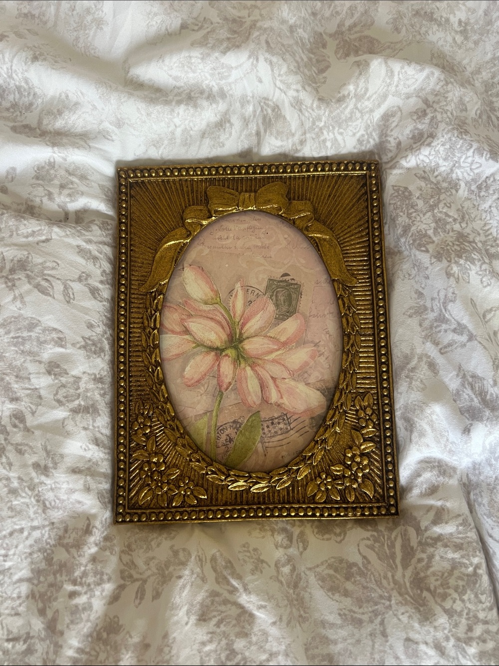 Gold Ornate Floral Oval Frame with Pink Flower Art